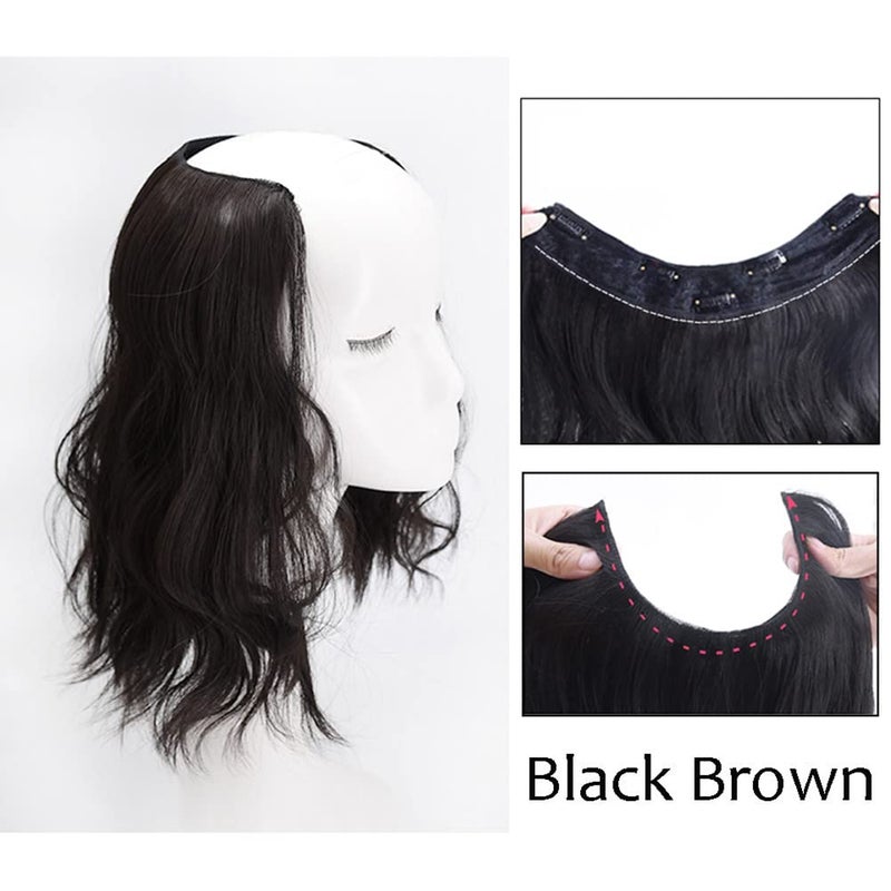 LesafeV Medium Length 12" Wavy U-Shape Part Half Wig One Piece Clip in Hair Extension Black Brown - Image 2